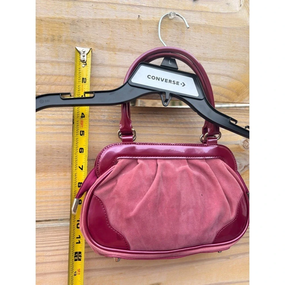 Y2K Beijo Couture Satchel Handbag Mauve Patent Trim Ruched Faux Suede Frame 11in